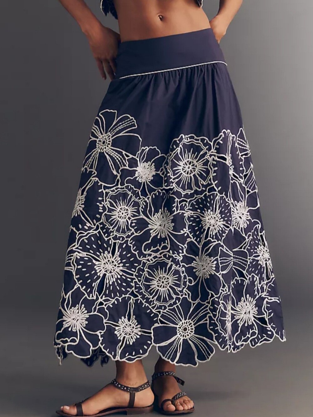 Farm Rio Navy Blue Midi Cotton Skirt